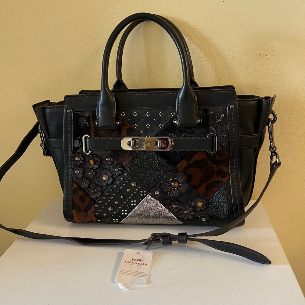 Coach Black and Brown Patchwork Leather Satchel with Floral Appliqué